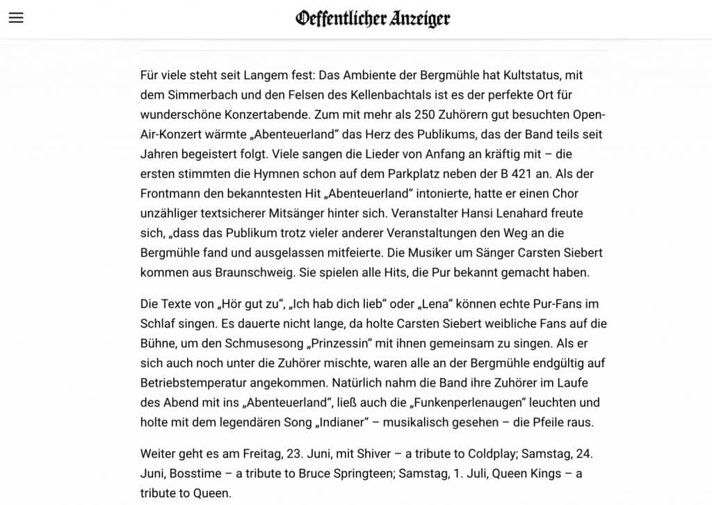 Abenteuerland im Bergmühle, Open-Air-Konzert, Live-Musik, Coverband, Musikveranstaltung, Fan-Event, regionale Band, volksmusikalische Cover, regionale Musiker, Konzert in Braunschweig, musikalisches Event, Jubiläumskonzerte.