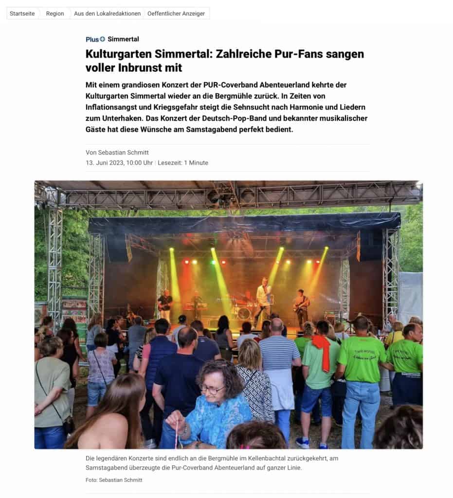 Pur-coverband abenteuerland konzert auf der bergmühle im kellenbachtal sommerveranstaltung.